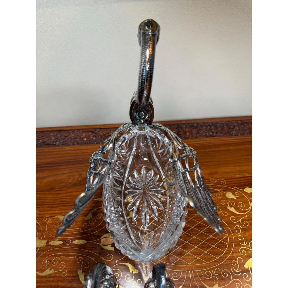 Vintage 3-Piece Crystal Swan Set Centerpiece Bowl with 2 Salt Cellars